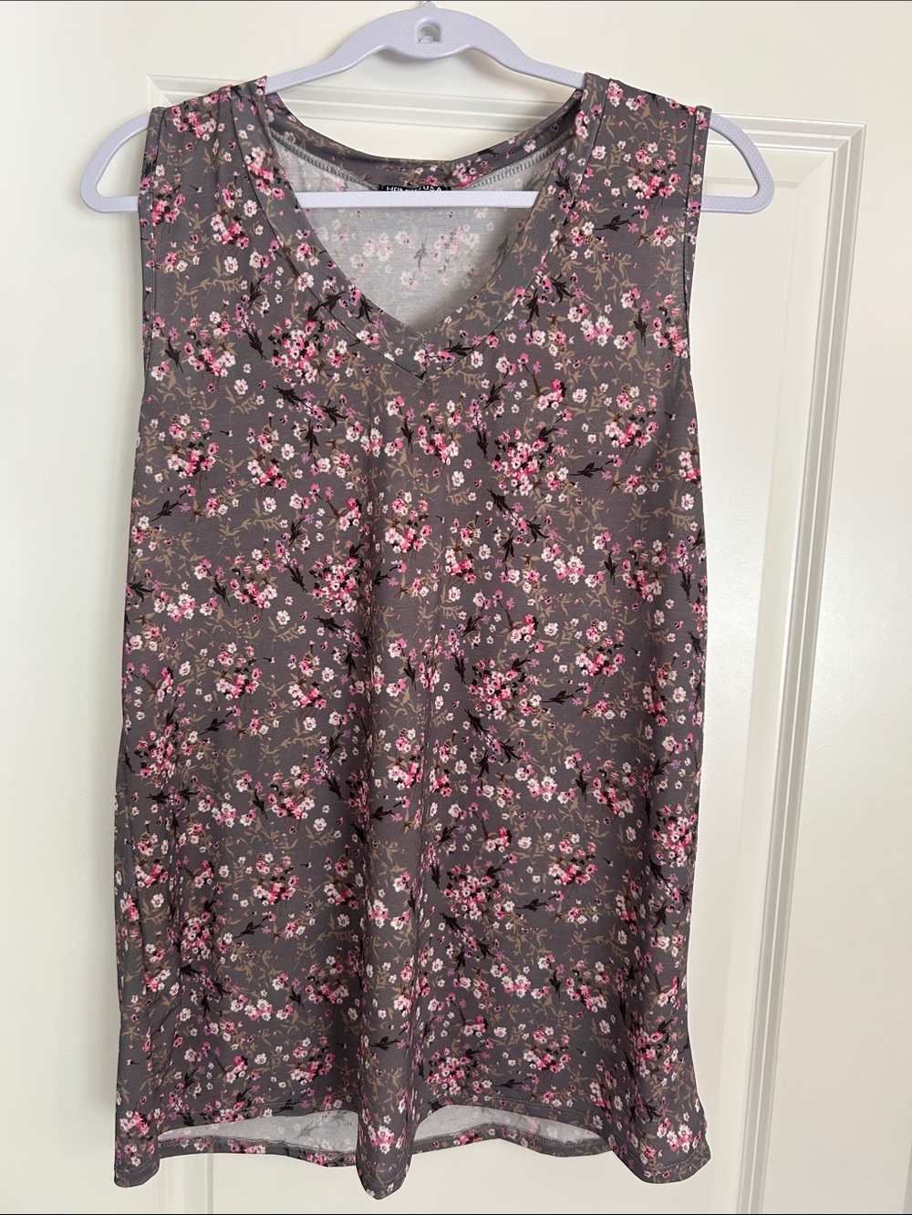 HEIMISH USA Gray Floral V-Neck Sleeveless Tank with Pink Flowers